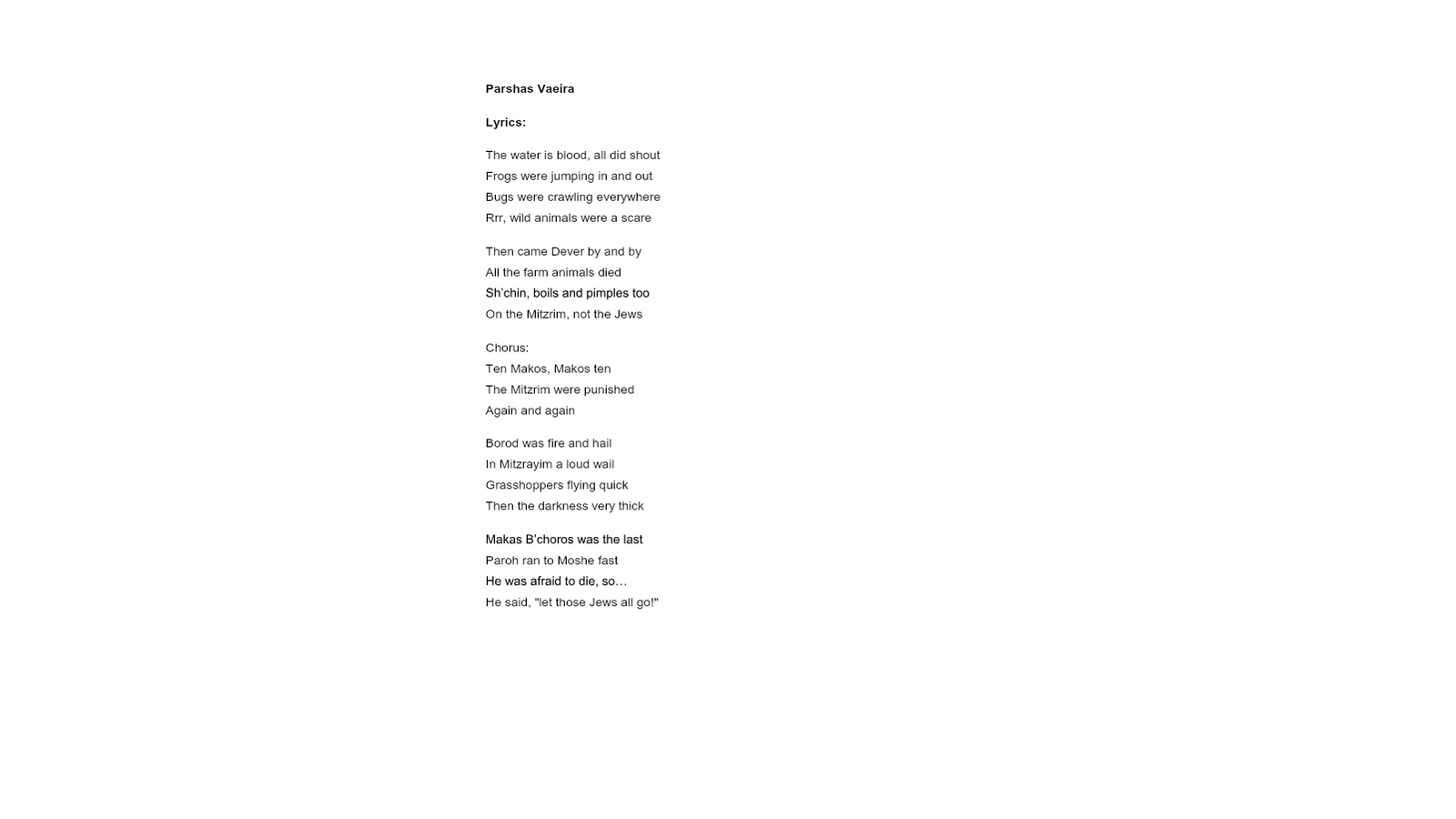 Parshas Va'eira - Lesson Plans, Words & Song