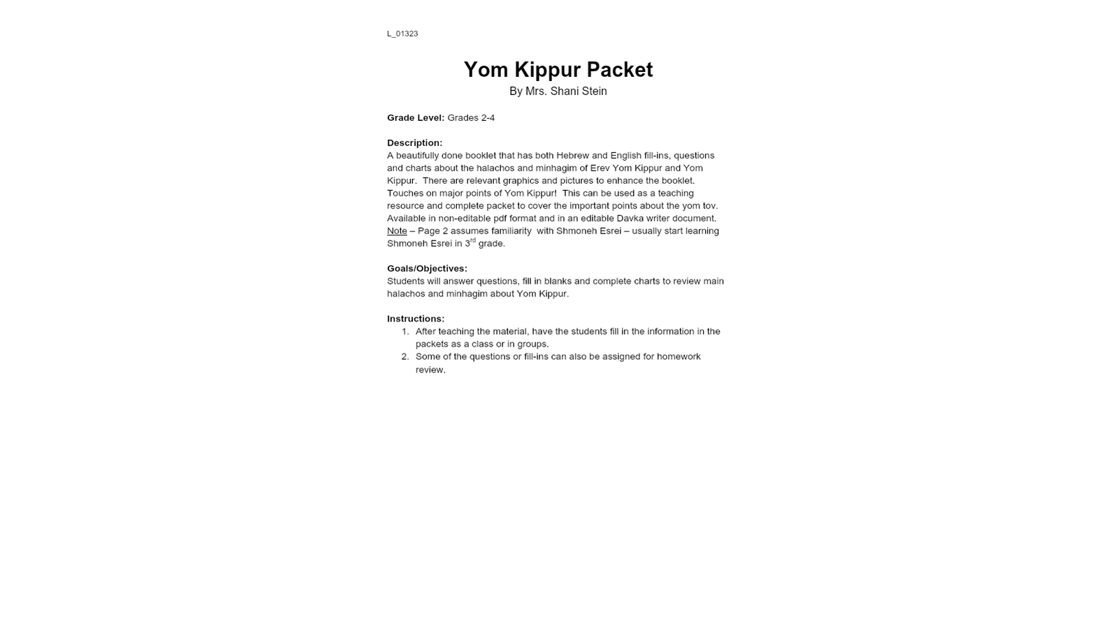 Yom Kippur Learning Activities