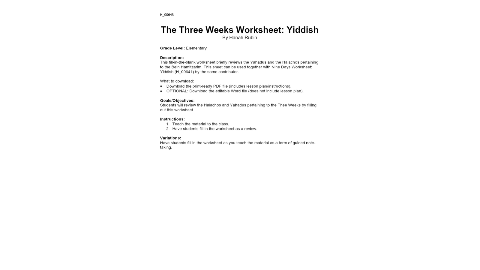 Three Weeks & Tisha B'Av Activity Pack