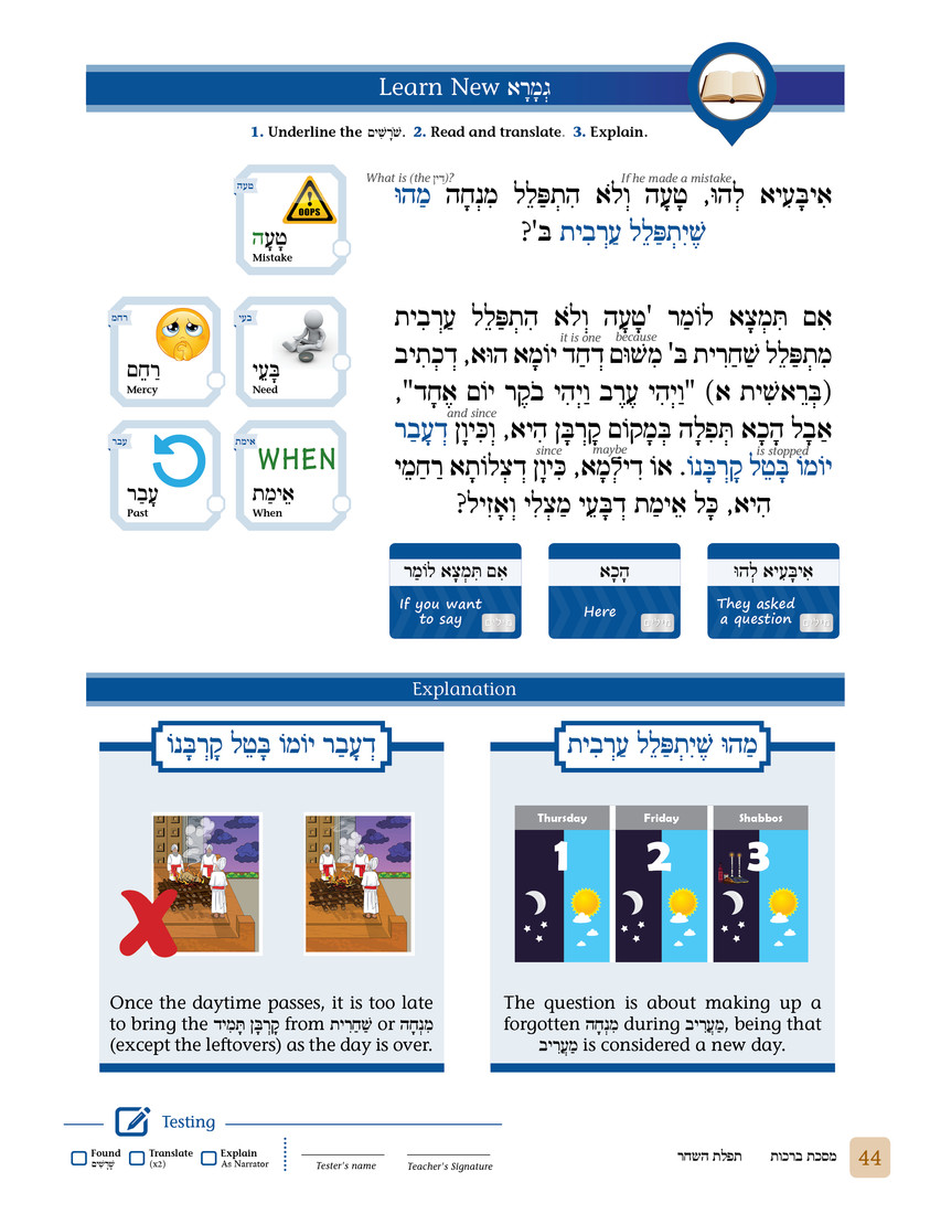 A guided Gemara page supports language, comprehension, and sequencing.