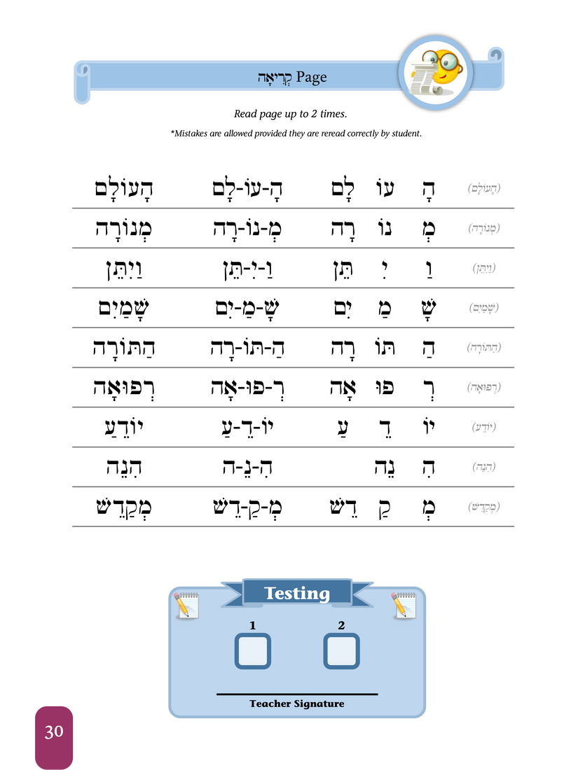 A scaffolded reading page guides students through a Kriah step.