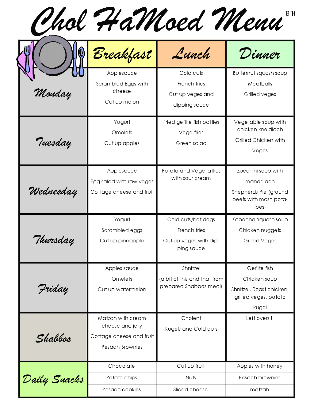 Chol HaMoed Menu Planner